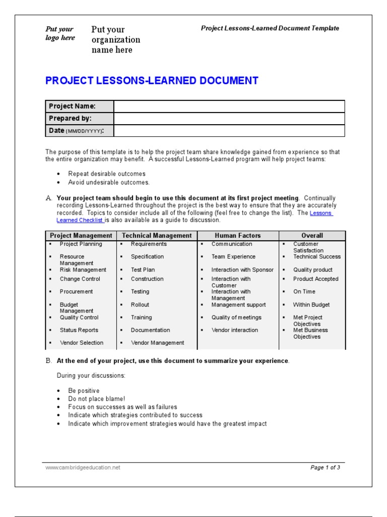 Lessons Learned Template