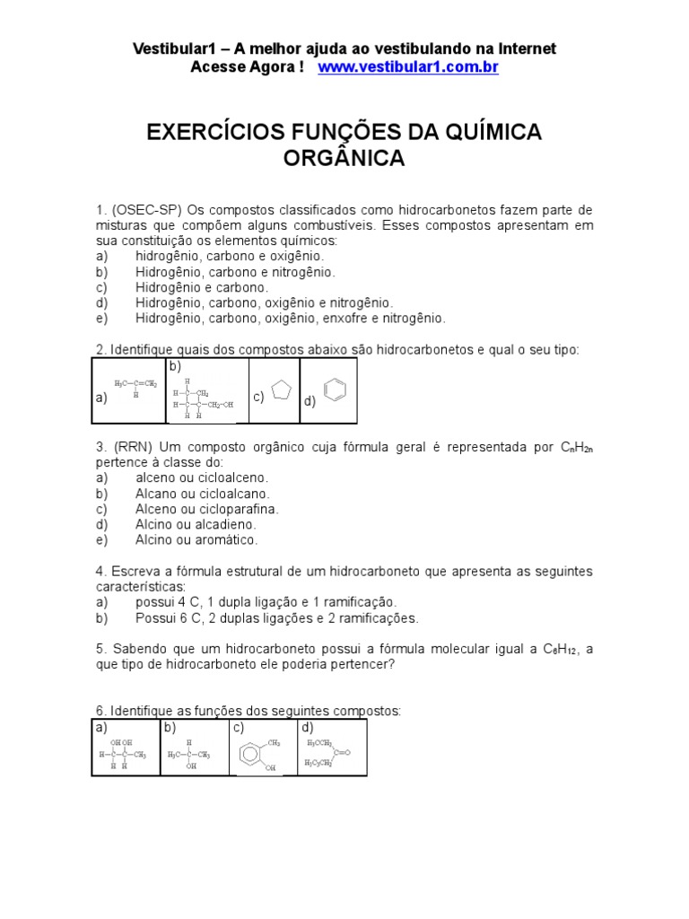 Exercicios De Quimica Organica Ligações Simples Duplas E Triplas