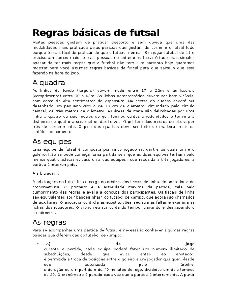 Regras Básicas de Futsal | PDF | Associação de Futebol | Esportes
