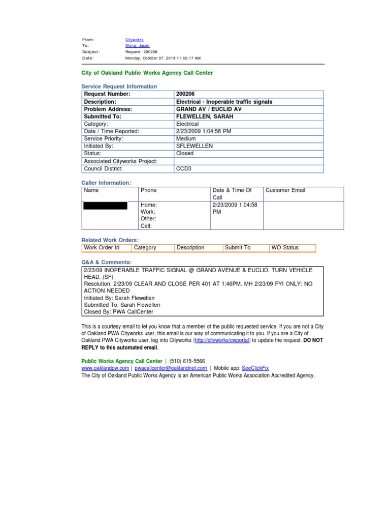 Oakland Traffic Signal Service Request | PDF