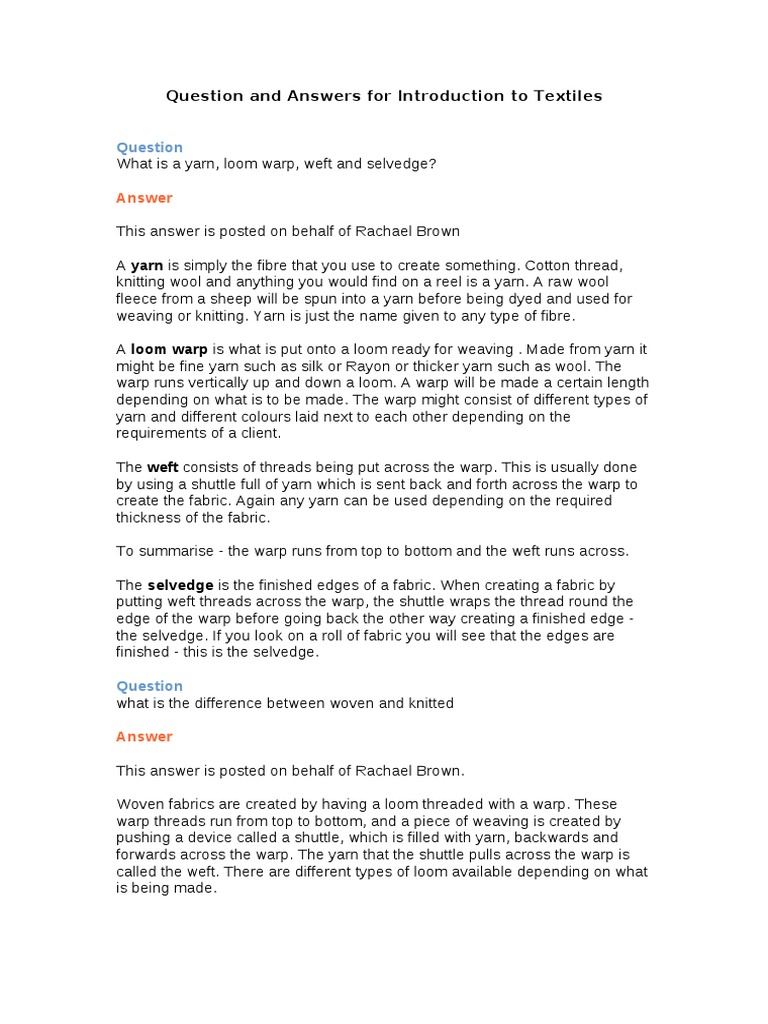 Question and Answers for Introduction to Textiles Yarn Textiles