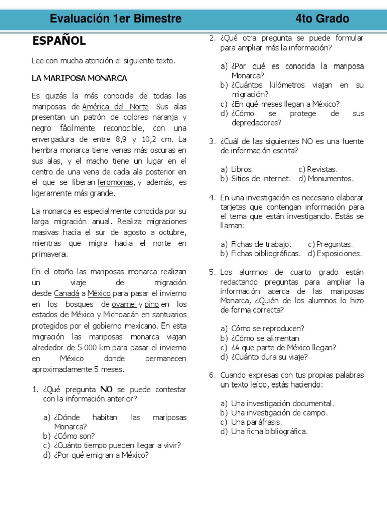 Evaluación de Español 4to Grado | PDF | Naturaleza