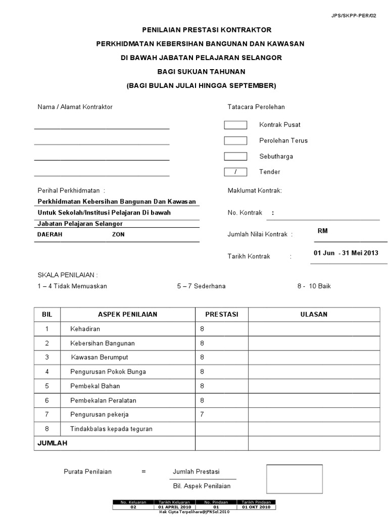 Borang Penilaian Prestasi Kontraktor Perkhidmatan