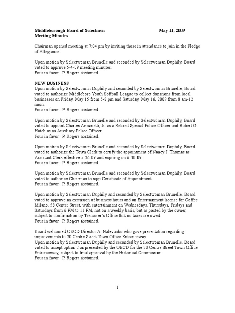 Middleborough Selectmen Meeting Minutes | PDF | Government | Public Sphere