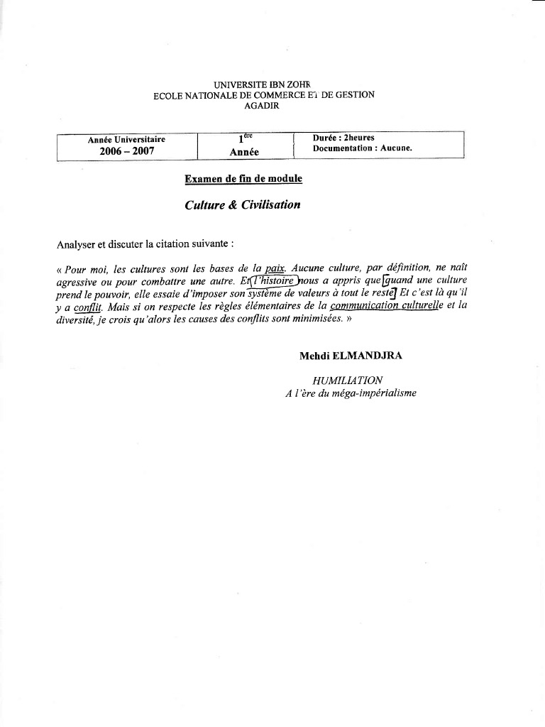 Culture Civilisation Examen 06 07