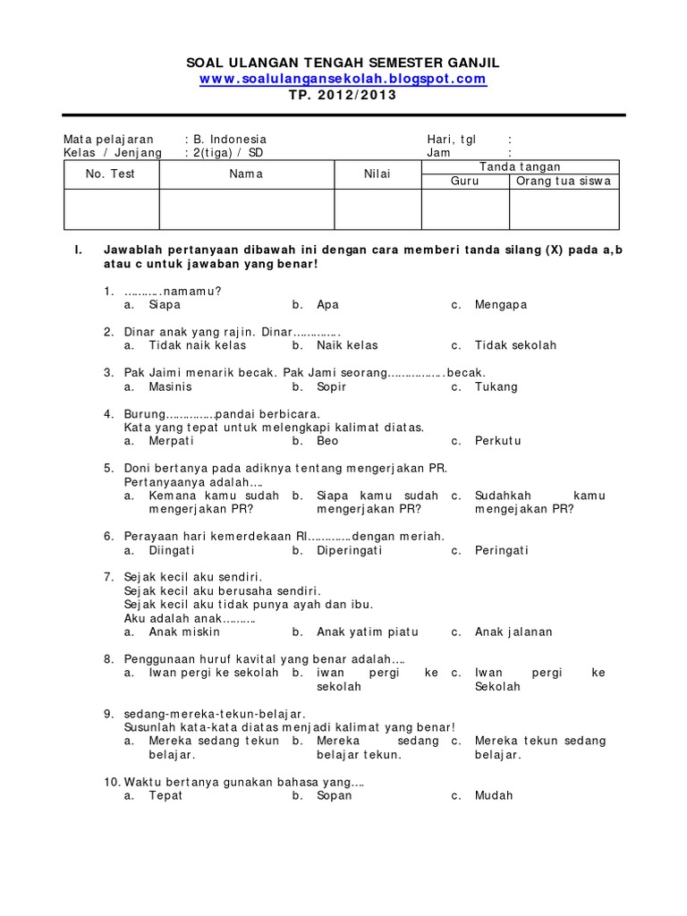 Soal Uts Bindo Kelas 2 Semester 1