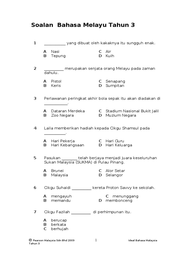 Soalan Bahasa Melayu Tahun 3