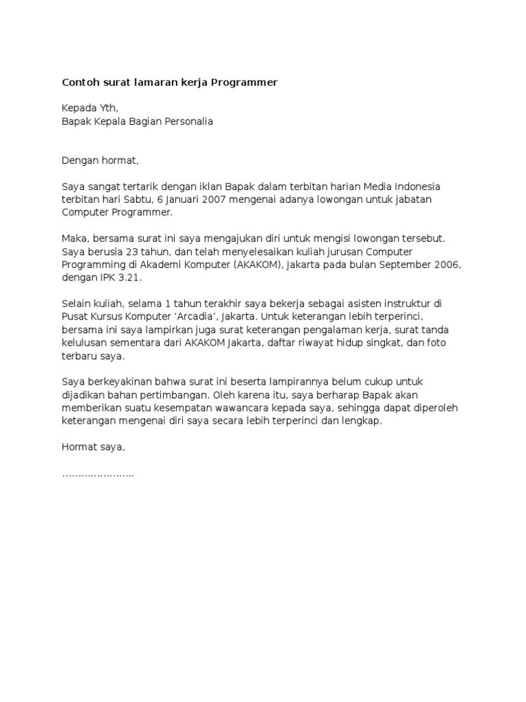 Contoh Surat Lamaran Kerja Programmer