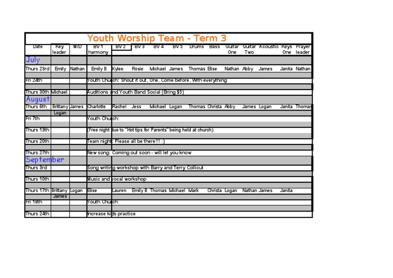 Youth Worship Team Schedule Term 3 | PDF