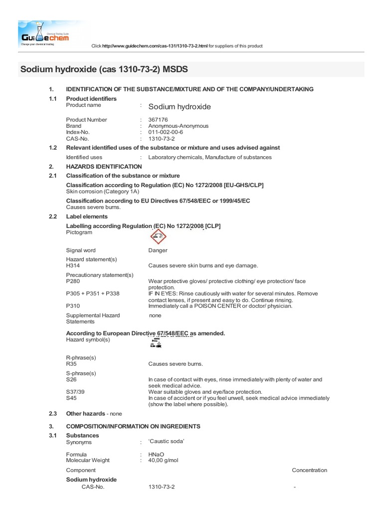 Sodium Hydroxide (Cas 1310732) MSDS Toxicity Personal Protective Equipment