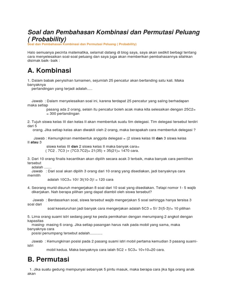 Soal Dan Pembahasan Kombinasi Dan Permutasi Peluang