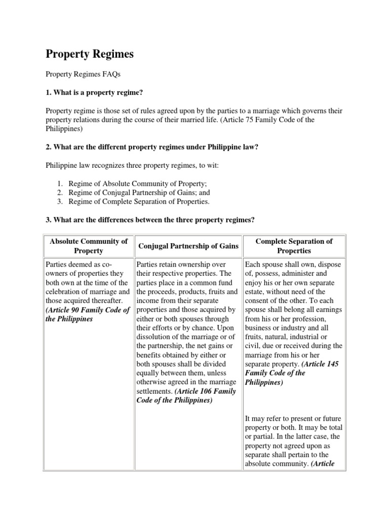 Property Regimes PDF Marriage Community Property