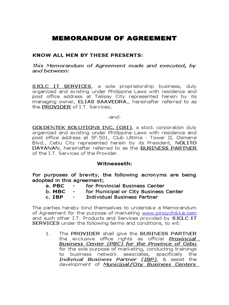Memorandum of Agreement-Gsi Rev1 | PDF | Partnership | Government