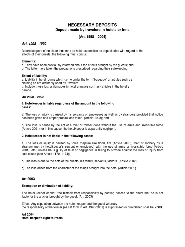 Necessary Deposits Deposit Made by Travelers in Hotels or Inns PDF