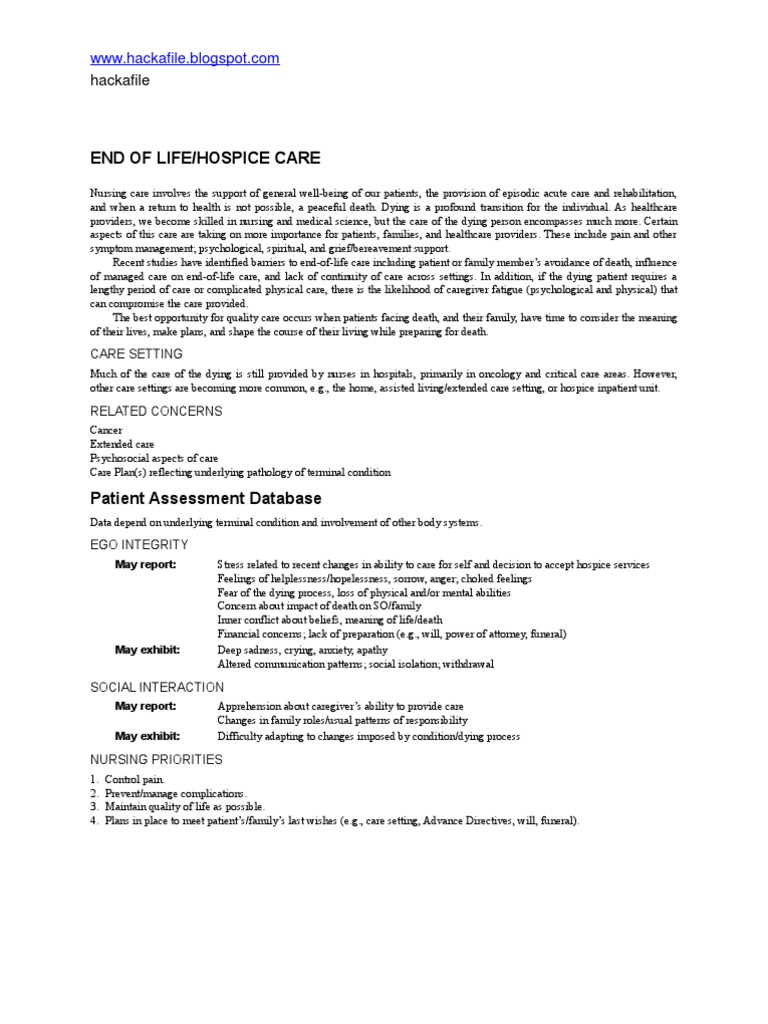 Nursing Care Plan For "End of Life - Hospice Care" | PDF | Terminal ...