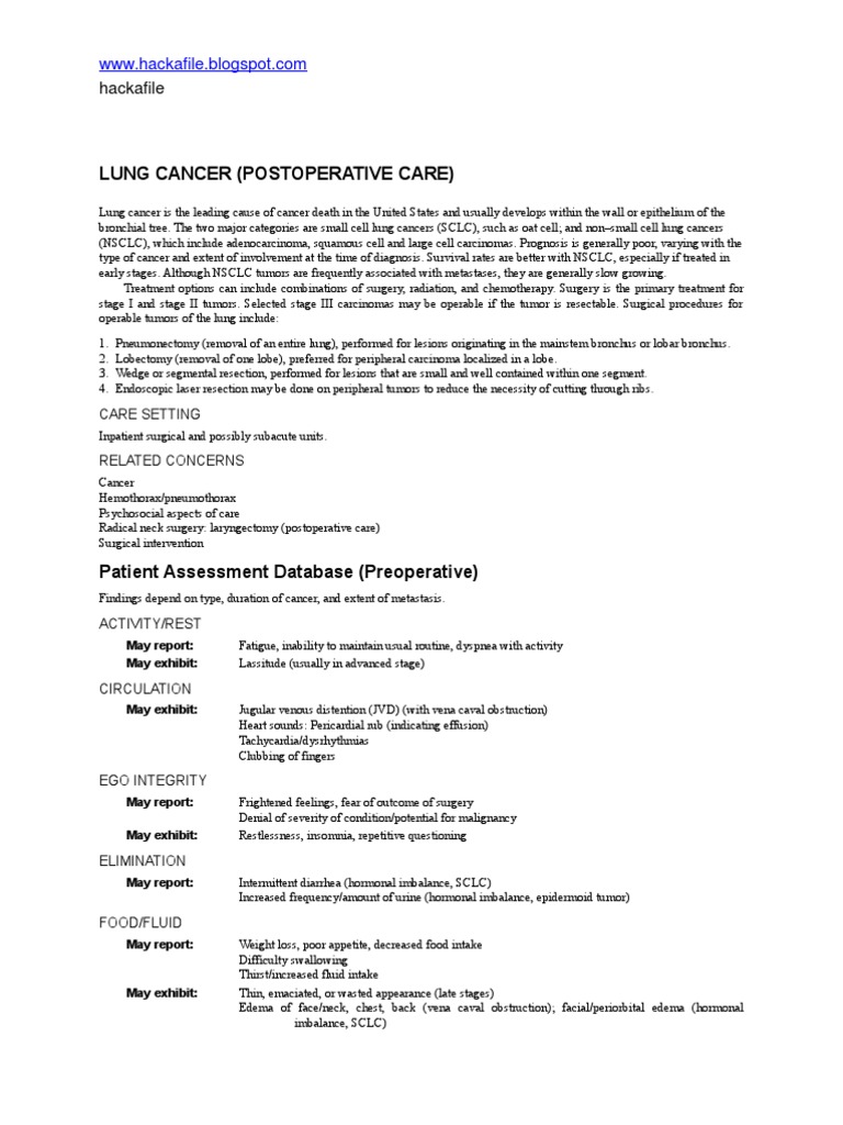 Nursing Care Plan for "Lung Cancer Postoperative Care" | Non Small Cell