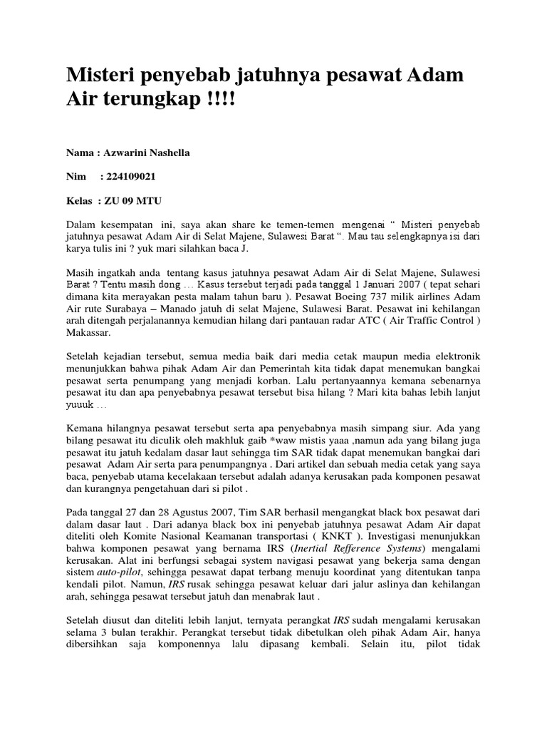 Misteri Penyebab Jatuhnya Pesawat Adam Air Terungkap