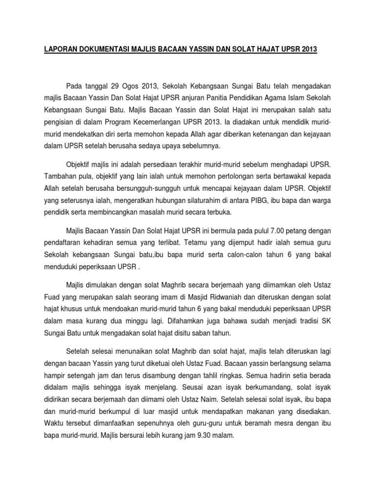 Dokumentasi Majlis Bacaan Yassin Dan Solat Hajat Upsr 2013