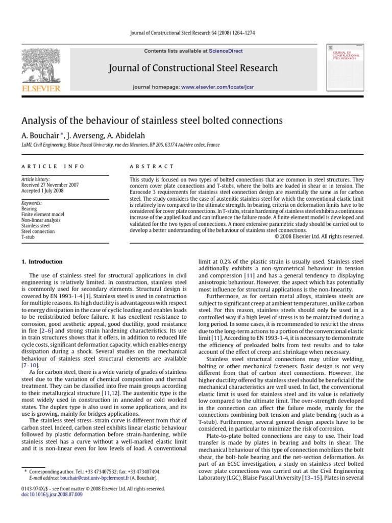 Analysis of The Behaviour of Stainless Steel Bolted Connections | PDF ...