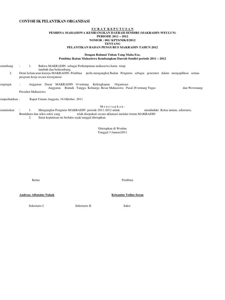 Contoh Sk Pelantikan Organisasi