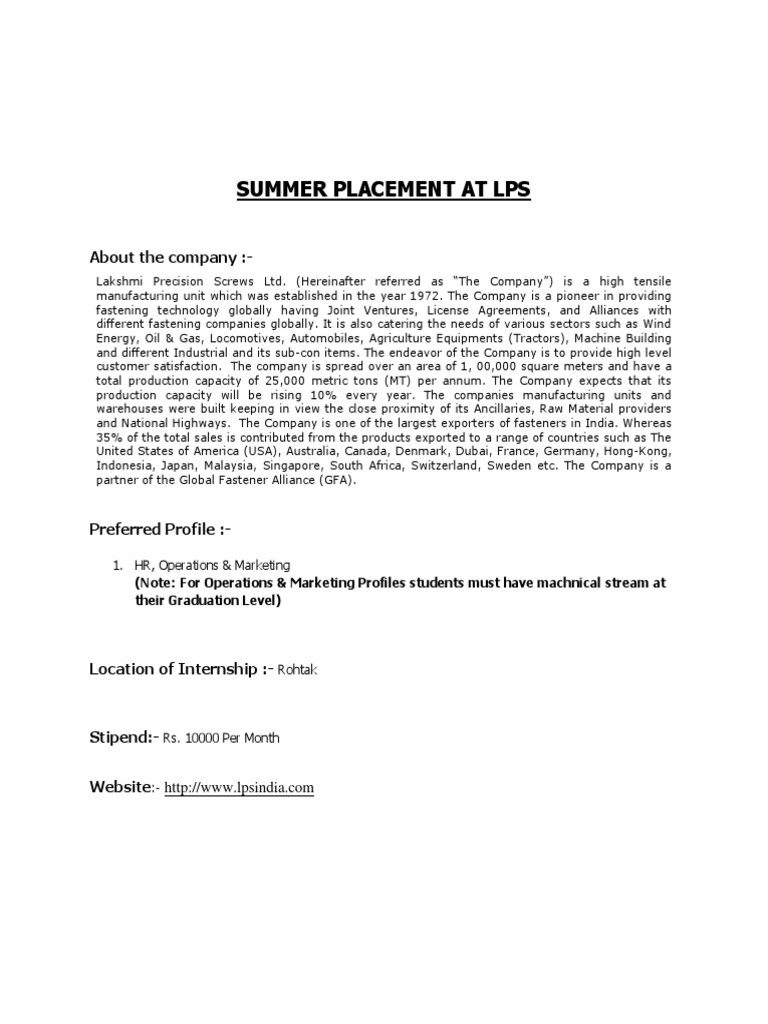 Summer Internship Opportunities at LPS | PDF