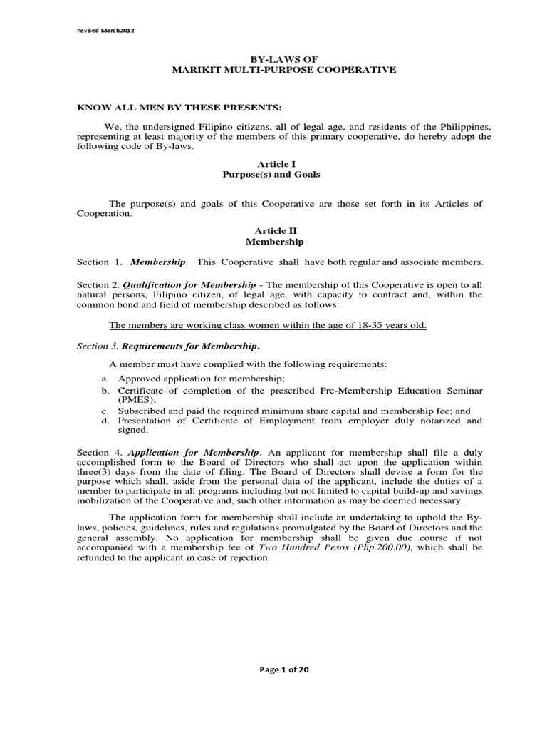 By Laws of Marikit Cooperative (Sample) United Nations General