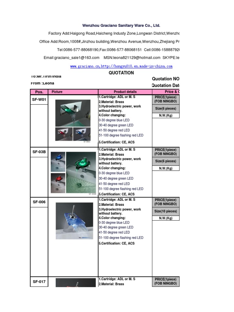 Brass Hydroelectric LED Cartridge Quotation | PDF | Nature