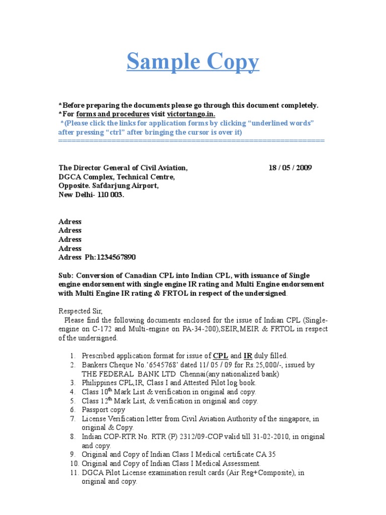 CPL Conversion Covering Letter WWW - Victortango.in | PDF | Aerospace ...