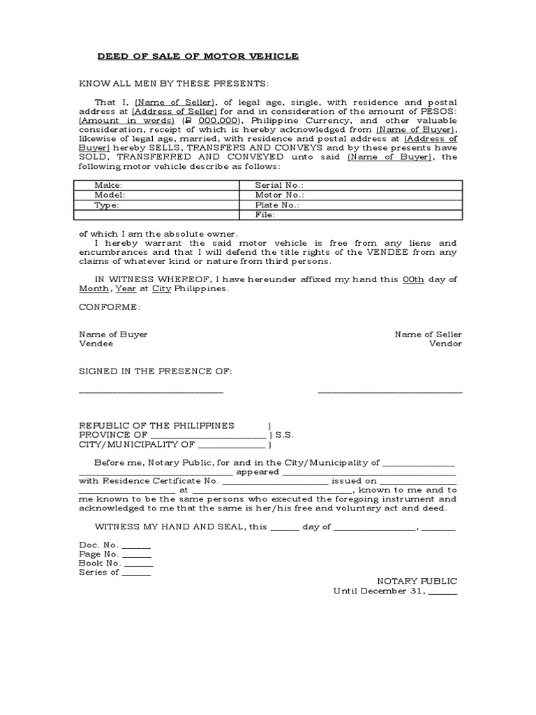 Deed of Sale of Motor Vehicle - Template | Natural Resources Law | Property Law