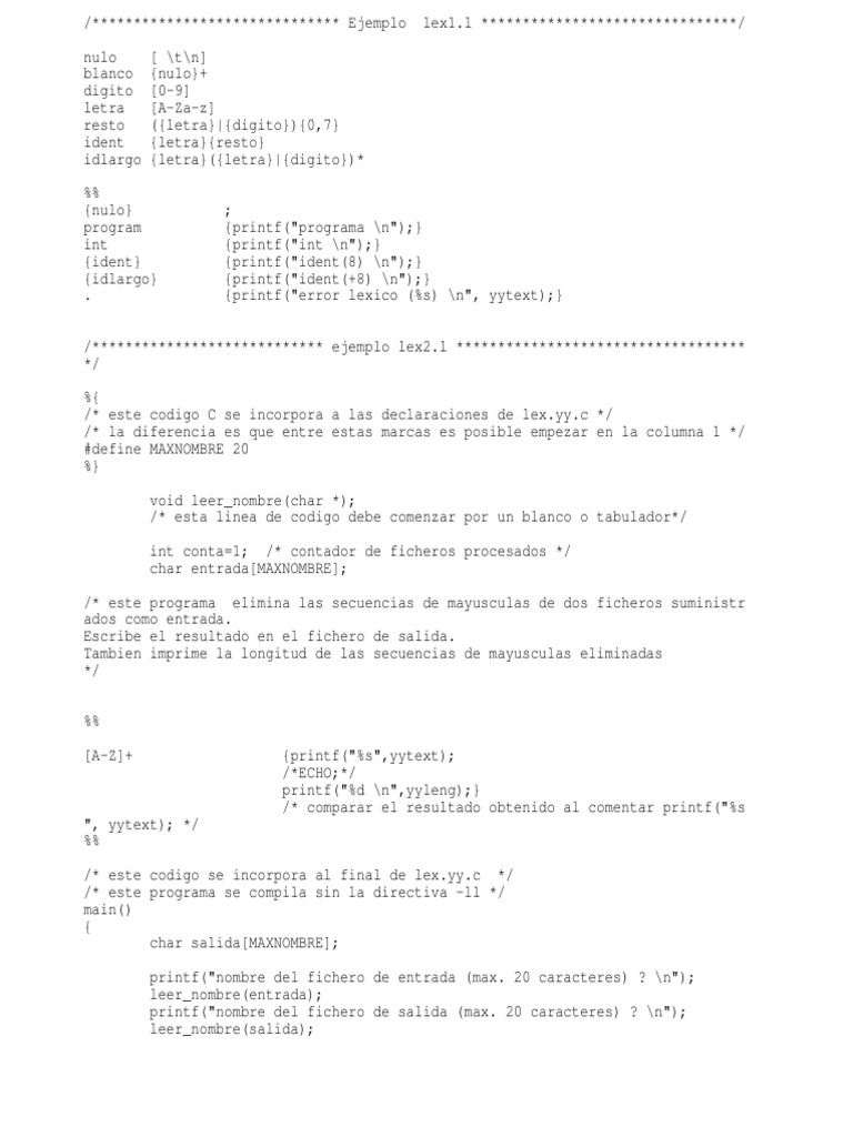 Ejemplos Analizador Lexico - LEX | PDF | Áreas de informática ...