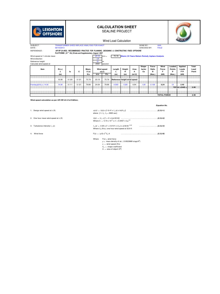 Wind Load Calculation per API RP 2A-WSD | PDF