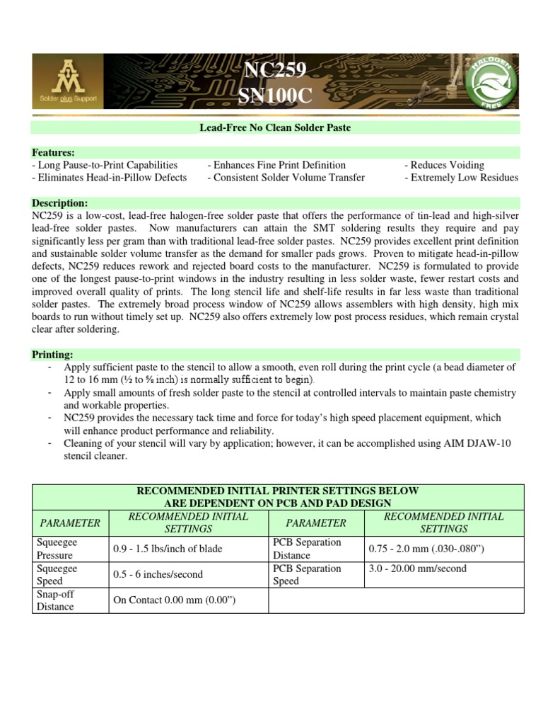 Material Data Sheet Nc 259 Sn100c Solder Paste Rev 1 Manmade