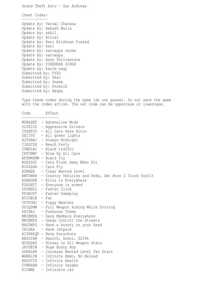 Cheat Codes Of Gta San Andreas