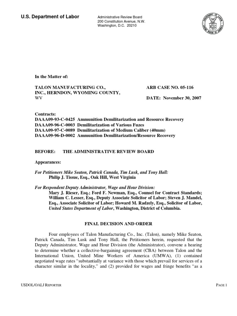 Talon Manufacturing Wage Dispute Ruling | PDF