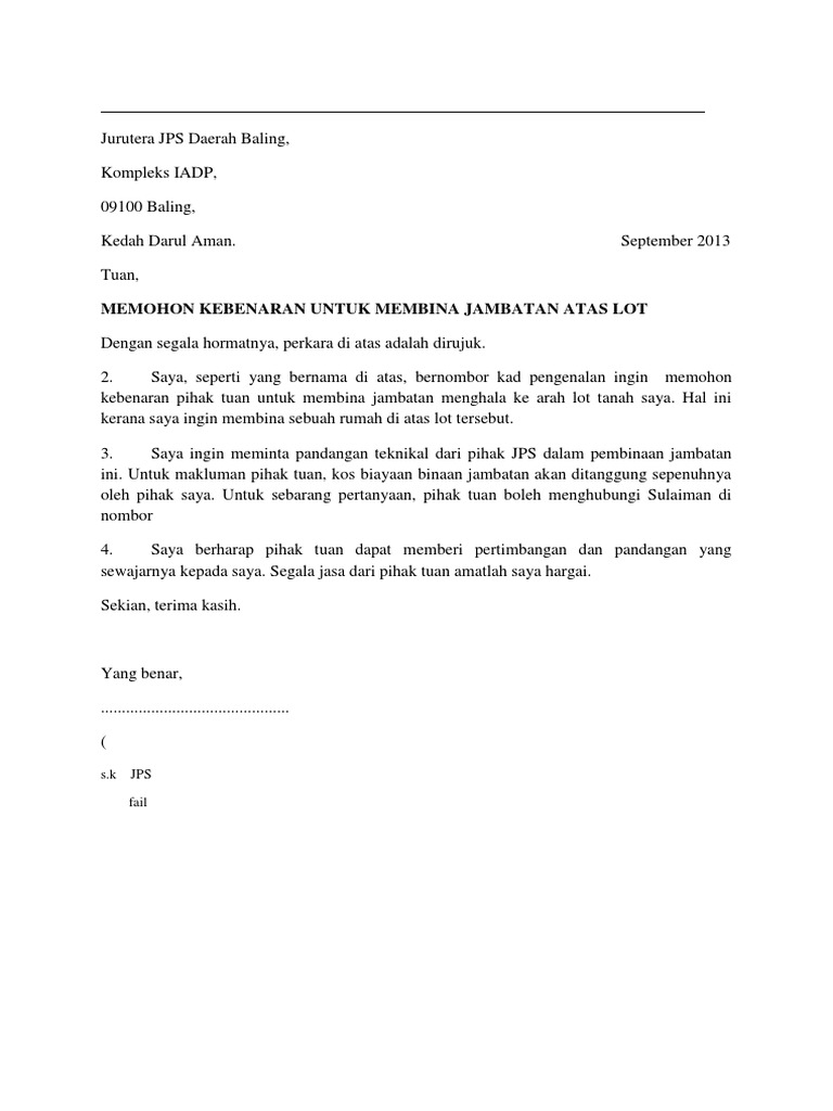 Contoh Surat Rasmi Memohon Pembaikan Jambatan Pejalan Kali