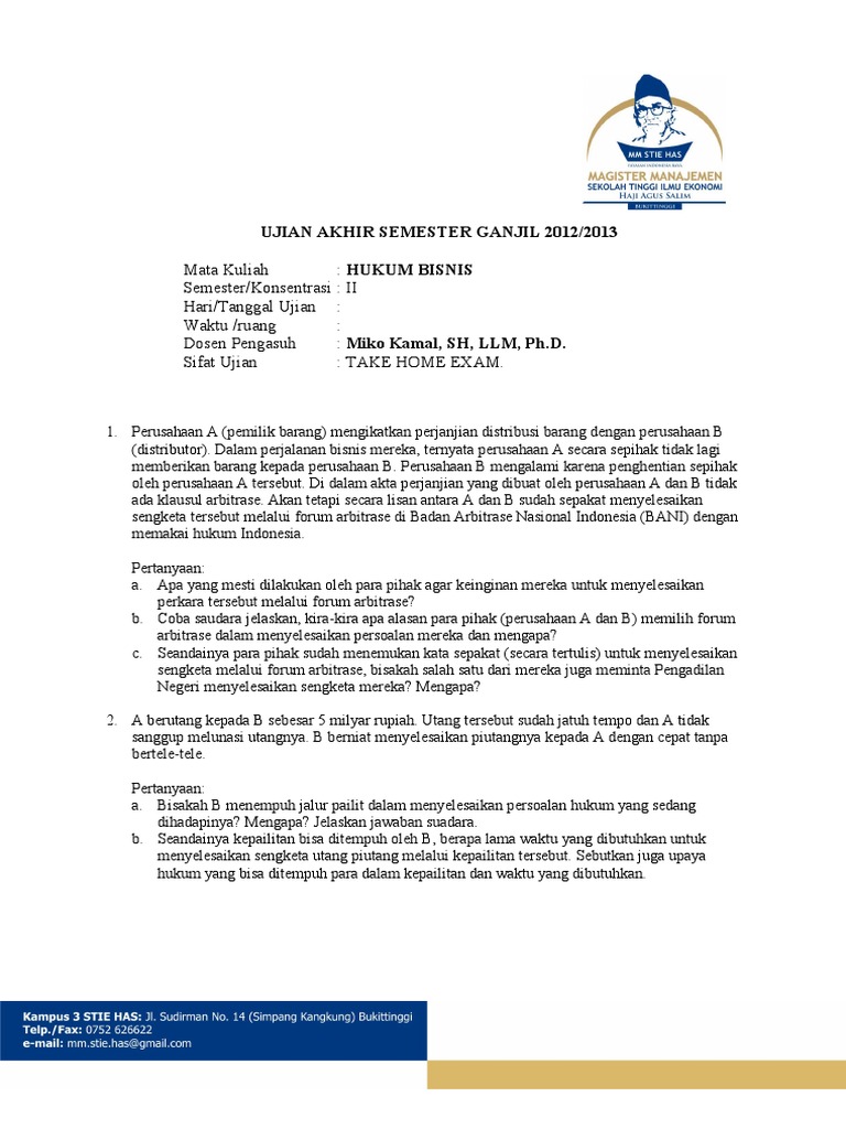 Soal Uas Hukum Bisnis Mm