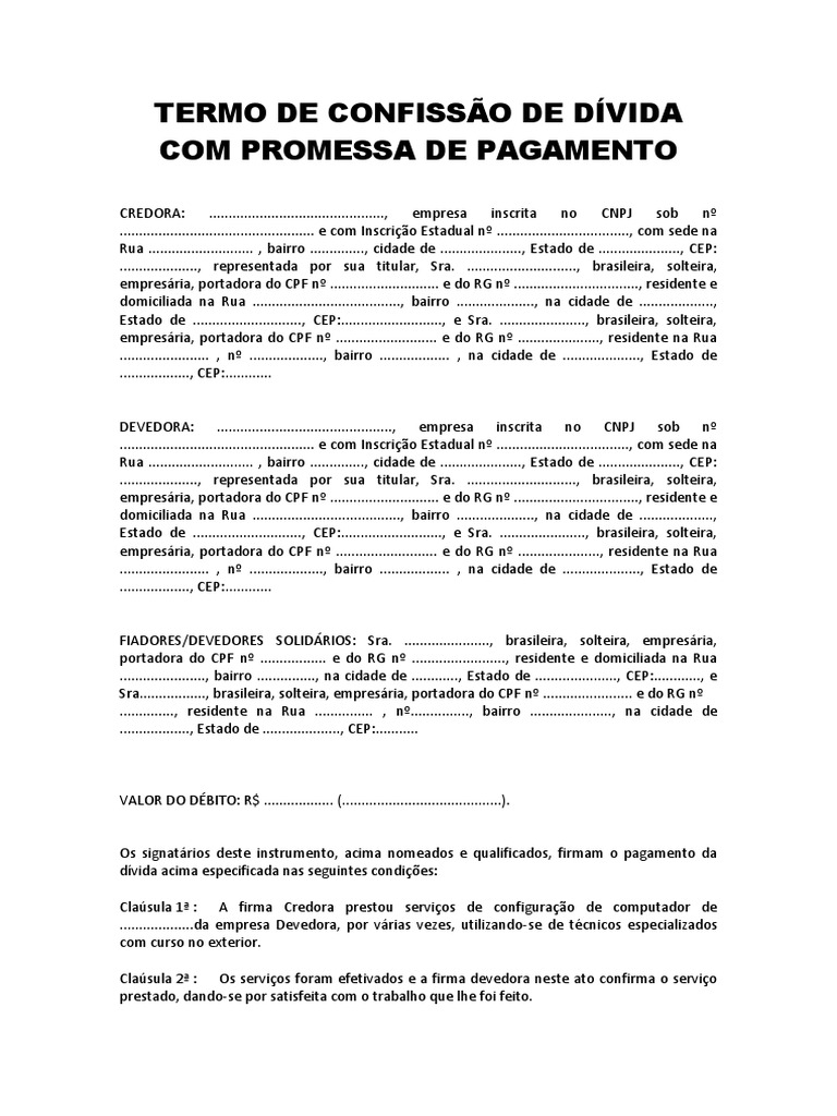 TERMO DE CONFISSÃO DE DÍVIDA COM PROMESSA DE PAGAMENTO  Business