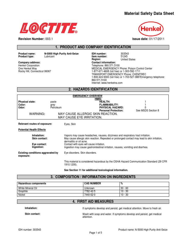 Loctite Nickel High Purity MSDS PDF Dangerous Goods Hazardous Waste