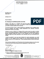 Letter From Rob Cummings of Cardiff Metropolitan University (UWIC) Requesting Medical Records
