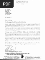 Letter from Rob Cummings of Cardiff Metropolitan university (UWIC) requesting medical records