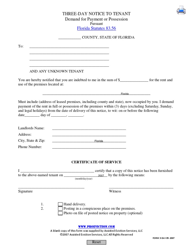 ThreeDay Notice To Tenant Demand for Payment or Possession Florida