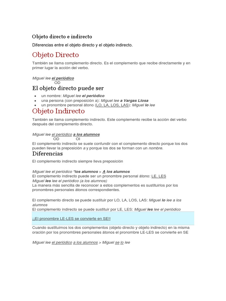 Complemento Directo e Indirecto | PDF | Objeto (gramática) | Sintaxis