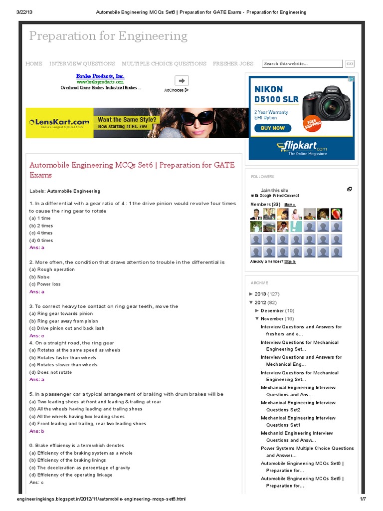 Automobile Engineering Mcqs Set6 Preparation For Gate Exams PDF