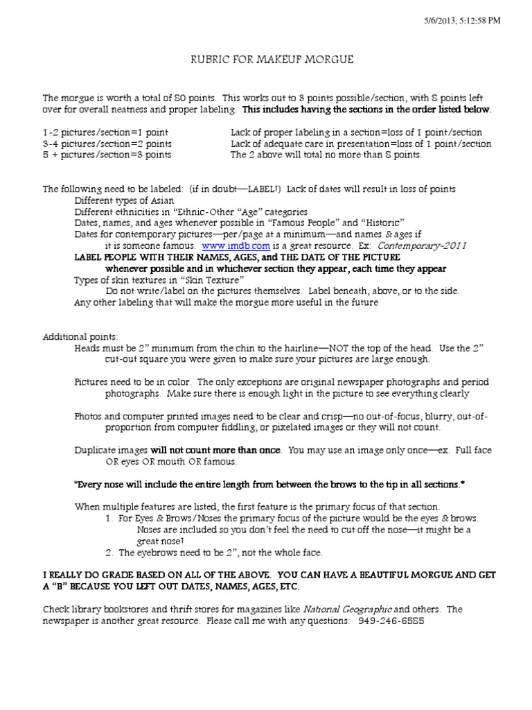 Rubric For Makeup f13 PDF Forehead Human Head And Neck