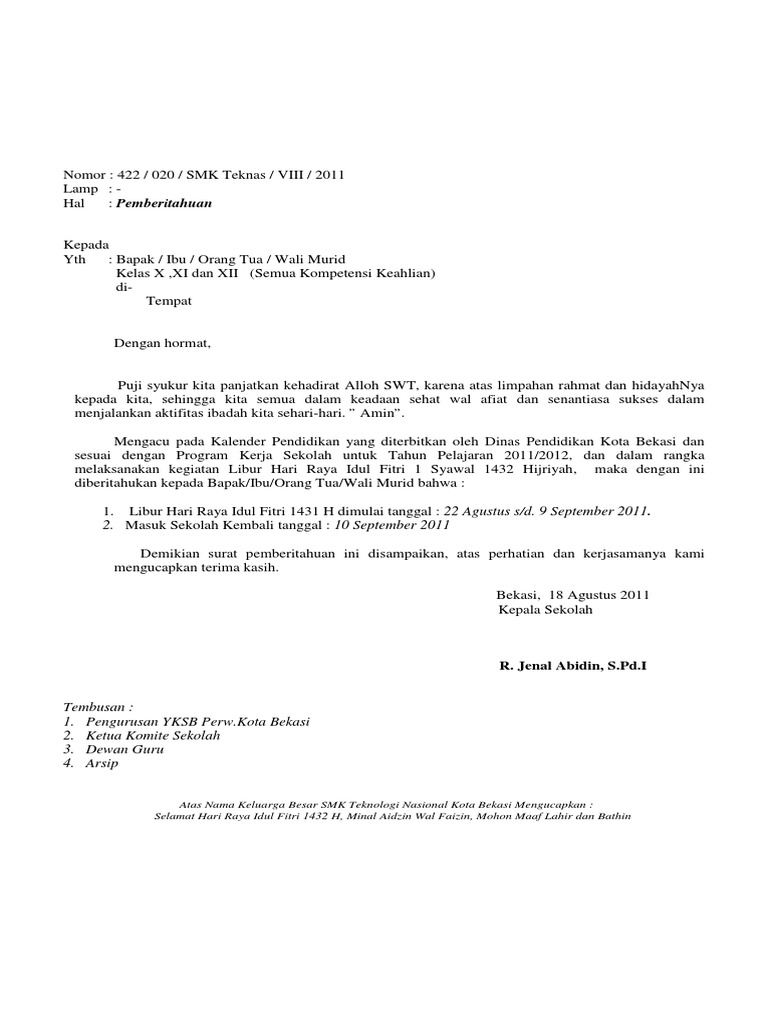Contoh Surat Edaran Pemberitahuan Sekolah - Mosaicone