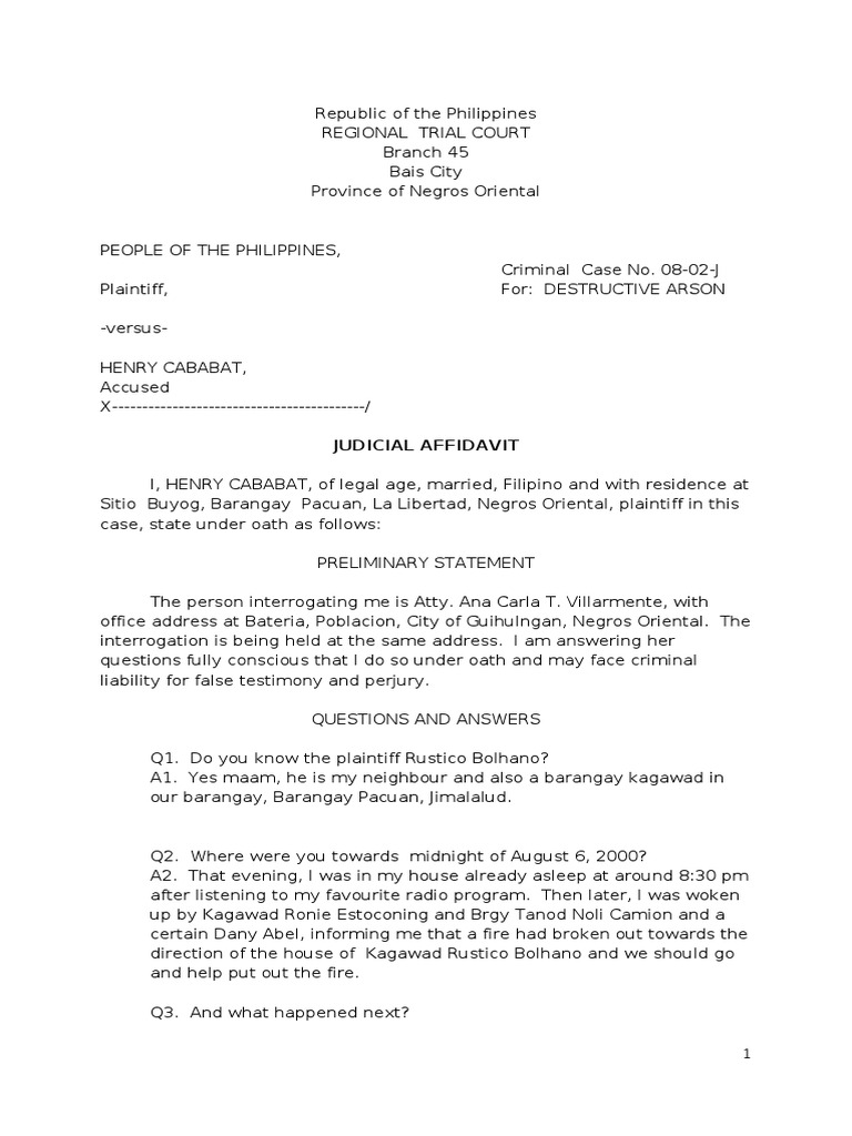 Judicial Affidavit ARSON PDF Testimony Perjury