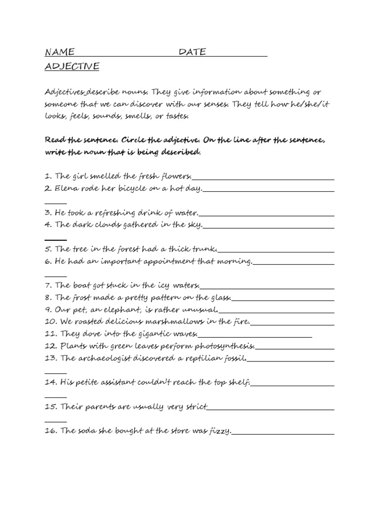 Adjectives Test 1 PDF Beverages Nature