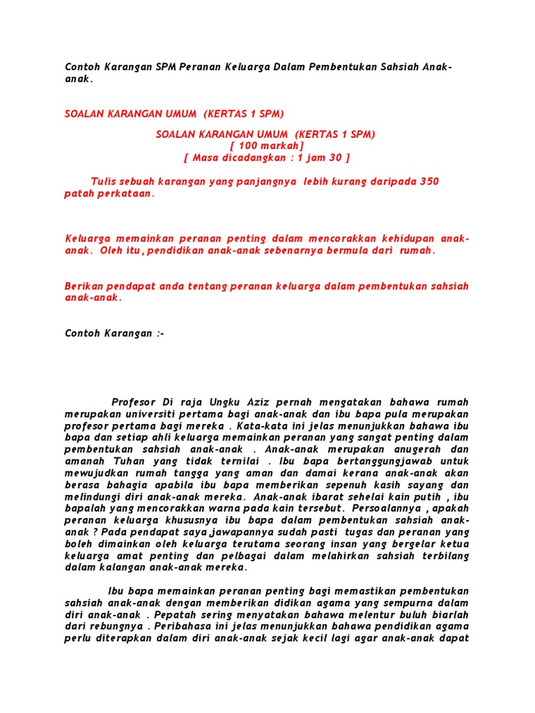 Contoh Karangan SPM Peranan Keluarga Dalam Pembentukan 