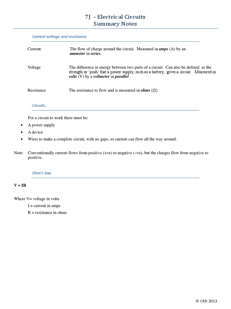 7J - Electrical Circuits Summary Notes: Current Voltage and Resistance ...