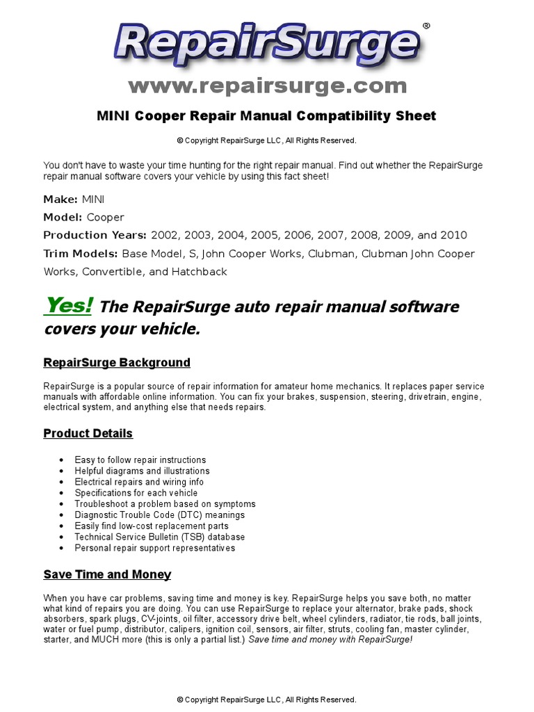 MINI Cooper Repair Manual - 2002, 2003, 2004, 2005, 2006, 2007, 2008, 2009,  and 2010